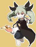  1girl anchovy anzio_school_uniform belt black_cape black_neckwear black_ribbon cape dokan_(dkn) drill_hair emblem eyebrows_visible_through_hair food girls_und_panzer green_hair grey_hair hair_ribbon holding holding_food holding_pizza long_hair necktie outline pizza red_eyes ribbon riding_crop school_uniform skirt smile solo teeth twin_drills twintails white_legwear white_outline yellow_background 