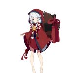  1girl barefoot bell expressionless full_body highres hood hood_up huge_weapon long_hair mallet official_art red_eyes simple_background solo spider_web_print tail weapon white_background white_hair youkai_hyakki-tan! 