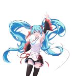  1girl :d absurdres arm_up armpits black_legwear black_skirt black_sleeves blue_hair detached_sleeves eyebrows_visible_through_hair floating_hair green_eyes hair_between_eyes hatsune_miku highres holding holding_microphone index_finger_raised lgnzh long_hair long_sleeves looking_at_viewer microphone miniskirt open_mouth pleated_skirt red_ribbon ribbon shirt simple_background skirt sleeveless sleeveless_shirt smile solo standing thigh-highs twintails very_long_hair vocaloid white_background white_shirt wide_sleeves zettai_ryouiki 