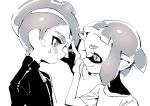  1boy 1girl agent_8 bangs blunt_bangs blush closed_mouth domino_mask from_side frown hand_in_another&#039;s_hair inkling looking_at_another mask monochrome octarian octoling pointy_ears shimidu_sp shirt short_hair short_sleeves simple_background smile splatoon splatoon_(series) splatoon_2 splatoon_2:_octo_expansion suction_cups sweat t-shirt tentacle_hair turtleneck upper_body white_background zipper zipper_pull_tab 