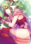  1girl ass boots bracelet breasts cape chiki dragon dress fire_emblem fire_emblem:_kakusei fire_emblem:_mystery_of_the_emblem fire_emblem_heroes garter_straps gloves green_eyes green_hair hair_ornament jewelry kokouno_oyazi large_breasts long_hair looking_at_viewer lying mamkute nintendo older on_side one_eye_closed pink_dress pink_legwear pointy_ears ponytail red_dress red_footwear red_gloves short_dress sideboob simple_background solo strapless strapless_dress thigh-highs thigh_boots tiara 