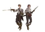  1boy 1girl absurdres armor boots brown_hair commentary fantasy full_body fur_trim gloves highres holding holding_sword holding_weapon original scabbard sheath sheathed short_hair sonech sword weapon white_background 