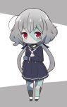  1girl arm_grab black_dress black_sailor_collar blue_ribbon chibi closed_mouth commentary_request dress full_body grey_background grey_hair hair_ribbon hisajou konno_junko long_hair long_sleeves looking_at_viewer low_twintails neckerchief patchwork_skin pleated_dress red_eyes ribbon sailor_collar sailor_dress solo standing twintails two-tone_background very_long_hair white_background white_neckwear zombie zombie_land_saga 