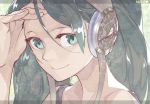  1girl bangs blue_eyes blue_hair border character_name close-up eyelashes face fingernails gradient gradient_background grey_background grey_border hair_between_eyes hand_on_own_face happy hatsune_miku headphones heart letterboxed long_hair looking_at_viewer seyana simple_background smile solo upper_body vocaloid white_background 