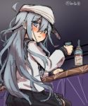  10011018 1girl alcohol bangs bar black_legwear blush counter cup eyebrows_visible_through_hair grey_eyes hair_between_eyes hat hibiki_(kantai_collection) holding holding_cup kantai_collection long_hair long_sleeves looking_at_viewer looking_back open_mouth pleated_skirt sailor_collar school_uniform serafuku shirt silver_hair sitting sketch skirt solo twitter_username verniy_(kantai_collection) vodka white_hat 