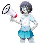  1girl bandage black_hair hair_between_eyes hair_ornament highres holding_megaphone megaphone miniskirt mizuno_ai red_eyes renfuu shirt short_hair skirt smile solo t-shirt zombie zombie_land_saga 