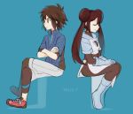  1boy 1girl blue_background breasts brown_eyes brown_hair closed_eyes creatures_(company) crossed_arms double_bun english_text full_body game_freak gloves lack-two_(pokemon) legs_crossed legs_together long_hair long_sleeves looking_away luo-qin nintendo pokemon pokemon_special shoelaces shoes simple_background sitting small_breasts team_plasma team_plasma_uniform twintails whi-two_(pokemon) zipper 