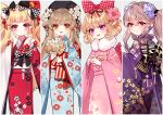  4girls :d ahoge bangs baocaizi beret black_bow black_hat black_nails blonde_hair blue_flower blue_kimono blush bow brown_flower brown_hair brown_rose checkered checkered_bow commentary_request earrings eyebrows_visible_through_hair fingernails floral_print flower flower_earrings food_themed_hair_ornament fur_collar grey_background hair_between_eyes hair_bobbles hair_bow hair_flower hair_ornament hand_up hat head_tilt highres holding holding_flower japanese_clothes jewelry kimono light_brown_hair long_hair long_sleeves looking_at_viewer looking_to_the_side multicolored multicolored_nails multiple_girls nail_polish obi open_mouth original parted_lips pinching_sleeves pink_bow pink_flower pink_kimono print_kimono purple_flower purple_kimono purple_nails red_eyes red_flower red_kimono red_nails round_teeth sash sleeves_past_wrists smile strawberry_hair_ornament teeth twintails upper_teeth very_long_hair violet_eyes white_flower white_legwear wide_sleeves 