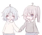  2girls ahoge blouse blue_eyes blue_hair blush brown_hair closed_eyes grey_sweater hand_holding light_blue_hair light_brown_hair long_sleeves lowres multiple_girls open_mouth original ruten_(onakasukusuku) skirt sweater white_blouse yellow_sweater 