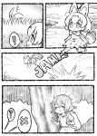  ! 2girls 4koma :3 ? ^_^ animal_ears backpack bag bare_arms bow bowtie chibi closed_eyes closed_eyes closed_mouth comic day elbow_gloves emphasis_lines extra_ears gloves grass greyscale hair_between_eyes hat hat_feather hat_removed headwear_removed helmet high-waist_skirt jumping kaban_(kemono_friends) kemono_friends medium_hair monochrome multiple_girls notora open_mouth outdoors panties pith_helmet print_gloves print_neckwear print_panties print_skirt savannah serval_(kemono_friends) serval_ears serval_print serval_tail shirt short_sleeves shorts silent_comic skirt sleeveless sleeveless_shirt smile sound_effects speech_bubble spoken_exclamation_mark spoken_question_mark striped_tail tail thigh-highs tree underwear 