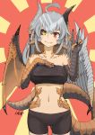  1girl ahoge bangs black_sclera breasts closed_mouth collarbone commentary_request dragon_girl dragon_horns dragon_tail dragon_wings grey_hair hair_between_eyes hand_on_own_chest hand_up heterochromia highres hitokuirou horns long_hair looking_at_viewer medium_breasts monster_girl navel original red_eyes scales shorts simple_background slit_pupils smile solo standing tail v wings yellow_eyes 