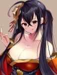  1girl ahoge artist_name azur_lane bare_shoulders black_hair blush breasts brown_background cleavage collarbone hair_between_eyes hair_ornament hair_ribbon japanese_clothes kimono large_breasts licking_lips long_hair looking_at_viewer off_shoulder red_eyes ribbon ry_thae signature simple_background smile solo taihou_(azur_lane) tongue tongue_out twintails upper_body 