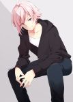  &gt;:) 1boy ahoge black_jacket black_pants collarbone grey_background hands_together hazuki_natsu hood hood_down hooded_jacket idolish_7 invisible_chair jacket kujou_tenn male_focus pants pink_hair red_eyes shirt simple_background sitting solo twitter_username white_shirt 