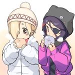  2girls asymmetrical_hair baozi beanie black_scarf blonde_hair blush breath brown_eyes commentary_request ear_piercing earrings eating eyepatch food gahaku gradient gradient_background hair_between_eyes hair_over_one_eye hat hayasaka_mirei idolmaster idolmaster_cinderella_girls jacket jewelry long_sleeves looking_down multiple_girls piercing pink_jacket scarf shirasaka_koume short_eyebrows simple_background sleeves_past_wrists stud_earrings unzipped white_coat zipper 