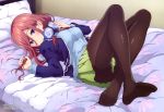  1girl absurdres bangs bed bed_sheet blue_eyes blush breasts brown_hair closed_mouth feet hair_between_eyes headphones headphones_around_neck highres kiso_yuuta long_hair long_sleeves looking_at_viewer lying medium_breasts nakano_miku official_art on_back on_bed pantyhose pillow school_uniform shirt smile solo the_quintessential_quintuplets 