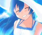  1girl bangs blue_hair blush close-up closed_eyes collarbone dress eyebrows_visible_through_hair face hair_between_eyes hat long_hair love_live! love_live!_school_idol_project open_mouth sleeveless sleeveless_dress smile solo sonoda_umi sun_hat sundress white_dress 