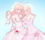  2girls ahoge akamatsu_kaede alternate_costume bare_shoulders blonde_hair blush breasts bride cleavage closed_eyes collarbone commentary_request dangan_ronpa dress elbow_gloves fang flower gloves hair_between_eyes hand_holding highres holding iruma_miu long_dress long_hair medium_breasts medium_hair multiple_girls new_dangan_ronpa_v3 open_mouth pink_dress pink_gloves pink_ribbon red_flower red_rose ribbon rose smile strapless strapless_dress tearing_up tears user_sumd2753 wedding_dress white_dress white_gloves yuri 