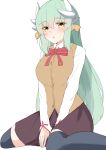  1girl absurdres bangs between_legs black_legwear blush bow breasts brown_eyes brown_skirt brown_vest collared_shirt dragon_horns eyebrows_visible_through_hair fate/grand_order fate_(series) green_hair hair_between_eyes hand_between_legs highres horns kiyohime_(fate/grand_order) large_breasts long_hair long_sleeves moyoron parted_lips red_bow school_uniform shirt simple_background sitting skirt sleeves_past_wrists solo thigh-highs very_long_hair vest wariza white_background white_shirt 