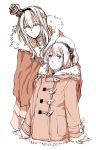  2girls alternate_costume blush bow braid cloak closed_eyes closed_mouth coat commentary_request cropped_torso crown eyebrows_visible_through_hair french_braid fur-trimmed_cloak fur-trimmed_coat fur-trimmed_sleeves fur_trim hair_between_eyes hair_ornament hair_over_shoulder hairband hands_on_another&#039;s_shoulders hat hat_bow hat_ribbon jervis_(kantai_collection) kantai_collection long_hair long_sleeves looking_up mini_crown monochrome multiple_girls ribbon sailor_hat sidelocks simple_background smile warspite_(kantai_collection) white_background yamada_rei_(rou) 
