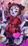  1girl :3 :d bangs blue_skin blunt_bangs blurry blurry_foreground blush bow bowtie brown_hair bubble_skirt cup depth_of_field doughnut dress extra_arms extra_eyes fangs fewer_digits food hair_bow halftone halftone_background heart holding ikeuchi_tanuma looking_at_viewer muffet open_mouth puffy_short_sleeves puffy_sleeves red_bow red_dress red_eyes red_neckwear short_hair short_sleeves silk skirt smile solo spider_girl spider_web teacup twintails twitter_username undertale 