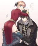  1boy 1girl black_hair black_jacket black_legwear black_pants blonde_hair blue_eyes china_dress chinese_clothes closed_eyes da_raku dress eyebrows_visible_through_hair gintama hair_bun hijikata_toushirou jacket kagura_(gintama) leaning_forward long_sleeves looking_back open_clothes open_jacket pants pantyhose pantyhose_pull pulled_by_another red_dress short_hair 