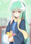  1girl absurdres bangs blue_kimono blush breasts brown_eyes brown_scarf closed_mouth day dragon_horns eyebrows_visible_through_hair fate/grand_order fate_(series) green_hair hair_between_eyes hand_up highres horns japanese_clothes kimono kiyohime_(fate/grand_order) long_hair long_sleeves moyoron onsen outdoors railing rubber_duck scarf small_breasts smile solo tower upper_body very_long_hair water wide_sleeves 