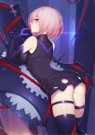  1girl arched_back ass bare_shoulders biting blush breasts dress elbow_gloves eyebrows_visible_through_hair fate/grand_order fate_(series) glove_biting gloves highres indoors langya_beike large_breasts looking_at_viewer looking_back mash_kyrielight panties pink_hair purple_gloves purple_hair purple_legwear purple_panties shield short_dress short_hair skindentation smile solo standing thigh-highs thigh_strap tile_floor tiles underwear violet_eyes 