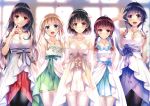  5girls :d absurdres arms_behind_back bangs bare_shoulders blonde_hair blue_eyes blurry blurry_background blush bow bowtie breasts brown_eyes brown_hair cleavage closed_mouth collarbone dress elbow_gloves fang gloves hair_ornament hand_up hashima_izumi highres huge_filesize hyoudou_michiru indoors jewelry kasumigaoka_utaha katou_megumi long_hair looking_at_viewer medium_breasts misaki_kurehito multiple_girls necklace official_art open_mouth pantyhose pearl_necklace purple_hair red_eyes saenai_heroine_no_sodatekata sawamura_spencer_eriri scan shiny shiny_hair short_hair sleeveless smile standing thigh-highs tongue tongue_out twintails violet_eyes white_gloves white_legwear window zettai_ryouiki 