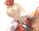  1boy bangs black_gloves blonde_hair cape closed_eyes closed_mouth collared_shirt commentary_request crown eyebrows_visible_through_hair fate/extra fate_(series) flower fur_trim gloves hand_up highres holding holding_flower jacket leonard_bistario_harway long_sleeves red_jacket shirt short_hair simple_background smelling tsushima_touko 