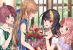  4girls :3 bangs black_hair blonde_hair blush bouquet brown_eyes collarbone collared_shirt commentary_request dress eyebrows_visible_through_hair fatal_twelve flower green_eyes hair_between_eyes hair_ornament happy_birthday hitsuji_naomi holding holding_bouquet long_hair matsusatoru_kouji multicolored_hair multiple_girls oguma_mao pink_flower pink_hair red_eyes red_flower red_rose rose shirt shishimai_rinka short_hair skirt sleeveless sleeveless_dress smile two-tone_hair white_shirt yuri 