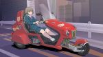  1girl absurdres blonde_hair bow cat commentary_request driving ground_vehicle highres loafers motor_vehicle original outdoors road school_uniform shoes short_hair sitting street sukabu 