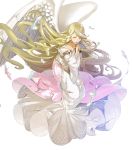  1girl bangs blonde_hair dress feathered_wings feathers fire_emblem fire_emblem:_akatsuki_no_megami fire_emblem_heroes full_body highres leanne long_dress long_hair long_sleeves nintendo official_art open_mouth puffy_sleeves shiny shiny_hair torn_clothes transparent_background very_long_hair white_dress wide_sleeves wings 