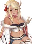  1girl :d armpit_crease bangs bare_shoulders belt black_panties black_shirt blonde_hair blue_shorts blush breasts brown_eyes camisole cleavage collarbone cowboy_shot crop_top dark_skin earrings eyebrows_visible_through_hair fangs fur_trim granblue_fantasy hand_up highleg highleg_panties highres horns jewelry kuvira_(granblue_fantasy) large_breasts long_hair long_sleeves looking_at_viewer midriff motion_lines navel off_shoulder open_mouth panties pointy_ears ria_(riarea00) shirt short_shorts shorts sidelocks simple_background sitting smile solo stomach swept_bangs tassel thigh-highs underwear v white_background white_legwear wide_sleeves 