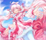  1girl ahoge back_bow blue_legwear bow clouds cowboy_shot dress elsword flower hair_ornament jie_(nomae0527) laby_(elsword) long_hair outstretched_hand pantyhose petticoat pink_dress pink_eyes pink_hair radiant_soul_(elsword) sidelocks sky smile solo twintails white_bow 
