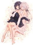  2girls arm_hug bare_legs bare_shoulders barefoot black_hair blazer closed_eyes commentary_request eyebrows_visible_through_hair feet hair_between_eyes hair_ornament hair_ribbon highres jacket konno_junko long_hair long_sleeves low_twintails lying minakata_sunao mizuno_ai multiple_girls nightgown on_bed on_side red_eyes ribbon see-through shirt short_hair silver_hair sleeveless twintails white_shirt zombie_land_saga 
