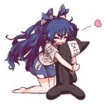  1girl :d ^_^ barefoot blue_hair bow closed_eyes closed_eyes commentary_request hair_bow heart hood hood_down hoodie hug hug_from_behind isu_(is88) long_hair open_mouth short_sleeves skirt smile stuffed_animal stuffed_cat stuffed_toy touhou yorigami_shion 