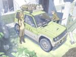  2girls animal animal_ears barrel bottle brown_hair camouflage car cat cat_ears commentary day dog fish grey_hair ground_vehicle jettoburikku medium_hair mitsubishi_electric motor_vehicle multiple_girls original outdoors rifle_on_back sack short_hair tail union_jack 