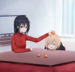  2girls :d bangs black_eyes black_hair black_hoodie blanket blonde_hair blush closed_eyes closed_mouth curtains eyebrows_visible_through_hair food food_on_head fruit fruit_on_head hair_between_eyes highres holding holding_food holding_fruit hood hood_down indoors kotatsu long_hair long_sleeves looking_at_another low-tied_long_hair mandarin_orange multiple_girls object_on_head open_mouth original piripun red_sweater short_hair sidelocks sleeves_past_wrists smile sweater table television turtleneck 