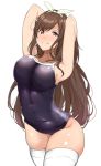  1girl armpits arms_behind_head arms_up bangs bare_shoulders blue_swimsuit blush bow breasts brown_eyes brown_hair cleavage closed_mouth covered_navel hair_bow hairband highres hips idolmaster idolmaster_shiny_colors large_breasts long_hair looking_at_viewer one-piece_swimsuit simple_background smile solo swept_bangs swimsuit thigh-highs thighs tokiwa_midori_(kyokutou_funamushi) tsukioka_kogane white_background white_bow white_legwear 