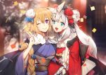  2girls alternate_costume blonde_hair blue_eyes blue_flower blue_kimono braid fate/grand_order fate_(series) flower hair_flower hair_ornament japanese_clothes jeanne_d&#039;arc_(fate) jeanne_d&#039;arc_(fate)_(all) kimono long_braid long_hair marie_antoinette_(fate/grand_order) multiple_girls no-kan obi one_eye_closed open_mouth outdoors red_flower red_kimono sash silver_hair single_braid smile twintails v very_long_hair violet_eyes white_flower 