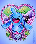  :d ^_^ blue blue_background closed_eyes closed_eyes clouds colored_pencil_(medium) commentary creature creatures_(company) english_commentary flower full_body game_freak gen_3_pokemon heart nintendo no_humans open_mouth pokemon pokemon_(creature) retkikosmos smile solo sparkle traditional_media watercolor_(medium) watermark web_address wynaut 