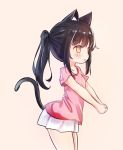  1girl animal_ears black_hair brown_eyes cat_ears cat_tail grey_background hands_together highres kosobin long_hair miniskirt open_mouth original pink_shirt ponytail shirt simple_background skirt solo tail white_skirt 