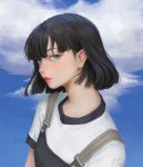  1girl arm_at_side artist_name black_hair blue_eyes blue_sky clouds cloudy_sky commentary day english_commentary geo_siador lips looking_at_viewer nose original parted_lips pink_lips shirt short_hair signature sky upper_body white_shirt 