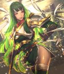  1girl armor breastplate breasts clouds commentary_request dress elbow_gloves fire_emblem fire_emblem:_mystery_of_the_emblem fire_emblem_heroes gloves green_dress green_eyes green_hair headband highres holding_polearm kaburagi_yasutaka long_hair nintendo paola pegasus_knight pillar ribbon shoulder_armor side_slit sky smile solo strap sunset thigh-highs thighs weapon 