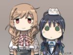  2girls artist_name blue_hair bow bowtie braid brown_hair cat chito_(shoujo_shuumatsu_ryokou) ergot green_eyes hair_ribbon kantai_collection minegumo_(kantai_collection) multiple_girls nuko_(shoujo_shuumatsu_ryokou) parody plaid_neckwear red_eyes ribbon samidare_(kantai_collection) shoujo_shuumatsu_ryokou suspenders twin_braids twintails yuuri_(shoujo_shuumatsu_ryokou) 