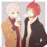  +++ 2boys :d :p ^_^ ahoge black_coat brown_coat closed_eyes coat coffee_cup cup disposable_cup grey_background grey_hair hazuki_natsu holding holding_cup idolish_7 kujou_tenn male_focus multiple_boys nanase_riku open_mouth pink_eyes red_sweater redhead ribbed_sweater simple_background smile sweatdrop sweater tongue tongue_out translated turtleneck turtleneck_sweater twitter_username upper_body white_sweater 