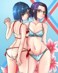 2girls arm_behind_back ass ass_visible_through_thighs back bangs belt black-framed_eyewear blue_bra blue_hair blue_panties bow bow_bra bow_panties bra breasts brown_belt brown_panties closed_mouth collarbone commentary cowboy_shot crotch_seam darling_in_the_franxx flower food frilled_bra frills from_behind frown fruit glasses green_eyes half_updo hands_together highres ichigo_(darling_in_the_franxx) ikuno_(darling_in_the_franxx) interlocked_fingers kneeling lace lace-trimmed_bra lace-trimmed_panties light_blush lily_(flower) lips looking_at_viewer looking_back multiple_girls navel over-rim_eyewear panties rectangular_eyewear semi-rimless_eyewear short_hair shumiao sidelocks small_breasts smile strawberry striped striped_bra striped_panties thighs underwear underwear_only violet_eyes yellow_eyes yuri