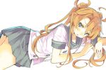  1girl :o abukuma_(kantai_collection) aqua_skirt bangs blonde_hair blue_eyes blush buttons double_bun hair_between_eyes hair_rings kantai_collection long_hair looking_at_viewer lying open_mouth orange_hair pleated_skirt school_uniform serafuku shimeji_(4_me_ji) shirt short_sleeves simple_background skirt solo white_background white_shirt 