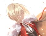  1boy bangs blonde_hair cape closed_eyes closed_mouth collared_shirt commentary_request crown eyebrows_visible_through_hair fate/extra fate_(series) fur_trim highres jacket leonard_bistario_harway long_sleeves red_jacket shirt short_hair simple_background tsushima_touko 