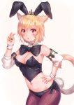  1girl :o absurdres animal_ears armpits bangs bare_shoulders black_neckwear blonde_hair blush bow bowtie breasts brown_legwear bunny_tail cat_ears cat_tail cleavage cocoasabure contrapposto cowboy_shot crop_top detached_collar detached_sleeves eyebrows_visible_through_hair facial_mark final_fantasy final_fantasy_xiv fishnet_pantyhose fishnets hair_between_eyes hair_ornament hand_on_hip hand_up highres holding latex leaning_forward looking_at_viewer medium_breasts midriff miqo&#039;te nail_polish navel pantyhose parted_lips pink_nails rabbit_ears red_eyes short_hair sidelocks simple_background solo standing stomach tail white_background wrist_cuffs 